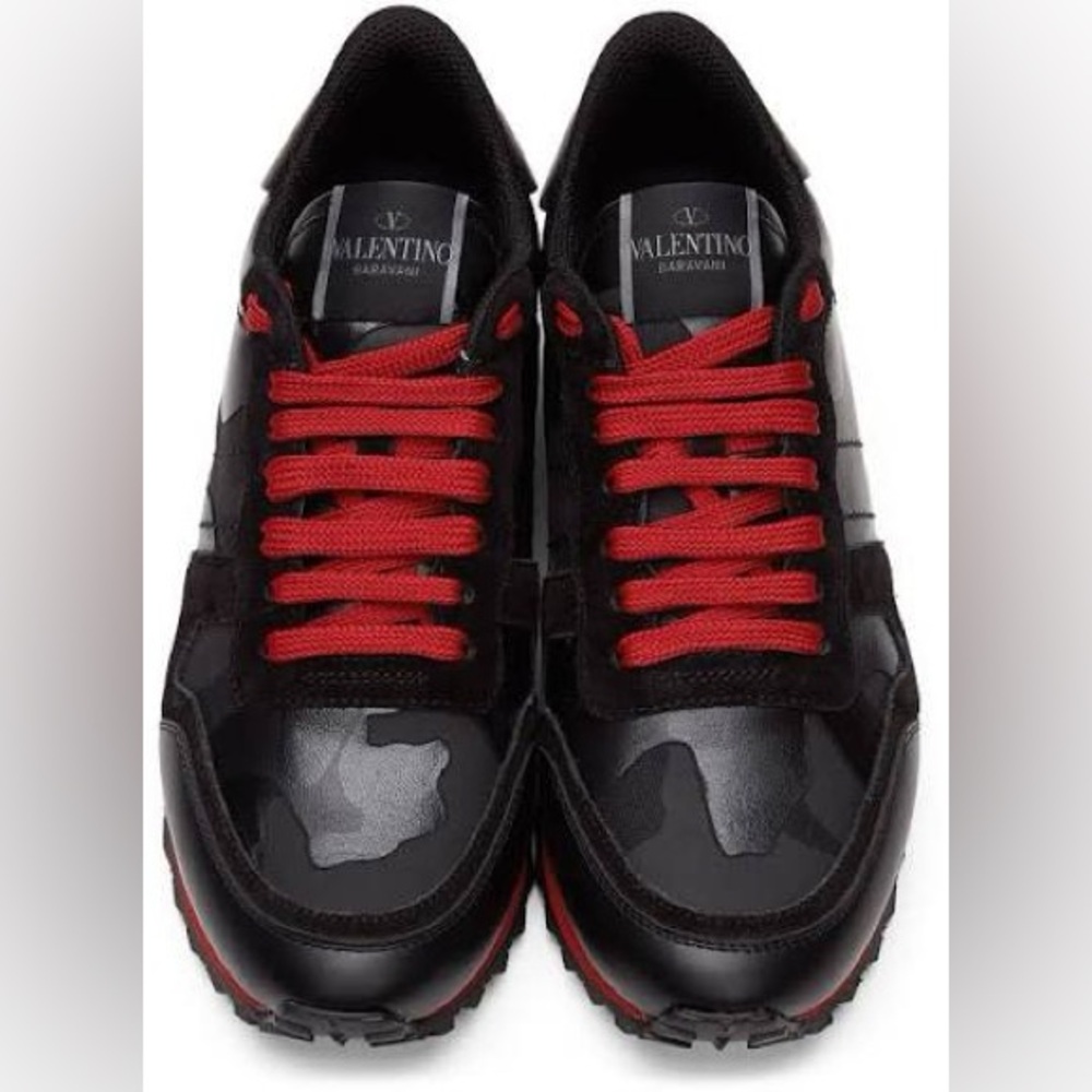 Valentino Garavani Black & Red Camo Rockrunner Sneakers - Picture 2 of 16